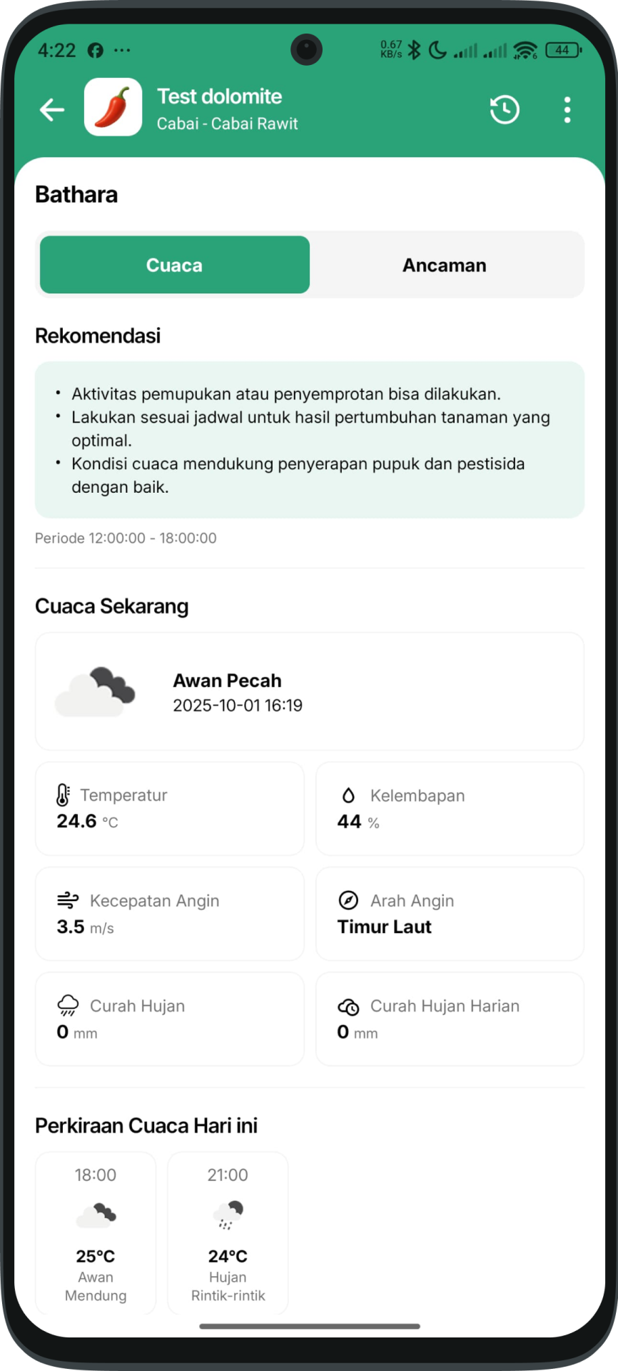 Interface aplikasi Bathara MSMB menampilkan data cuaca real-time, rekomendasi PHT, dan kondisi iklim untuk pengendalian hama cabai rawit