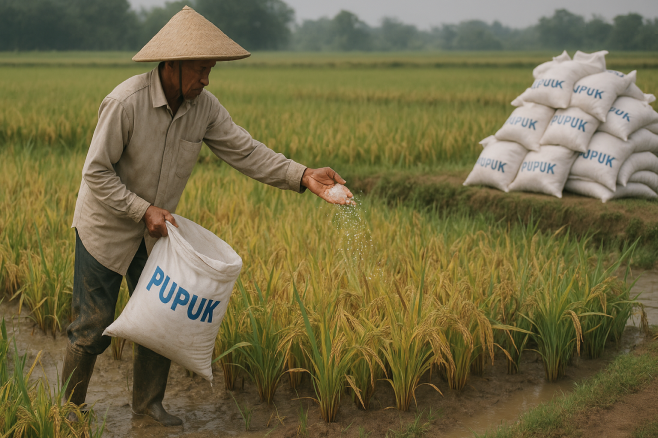 Petani menerapkan metode pemupukan konvensional manual di sawah padi yang tidak efisien dan berisiko over-dosis tanpa teknologi presisi