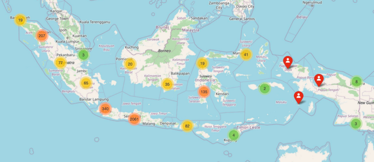 Peta jangkauan layanan MSMB di seluruh Indonesia menampilkan distribusi lokasi pengguna teknologi smart farming dan IoT pertanian