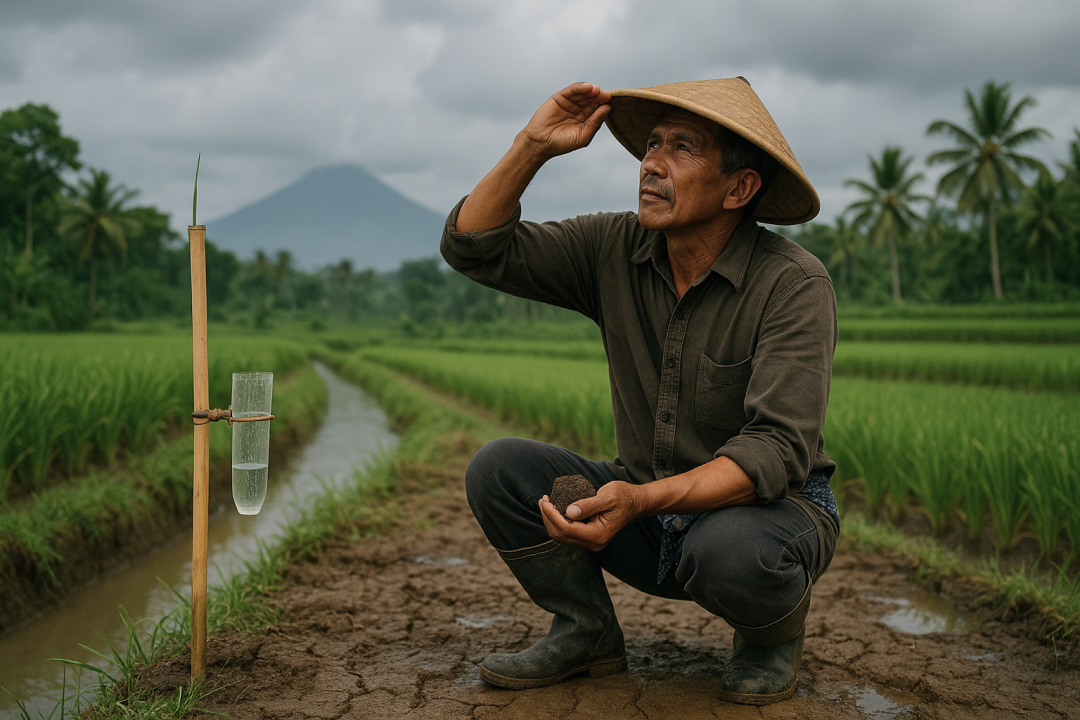 Petani memantau kondisi cuaca secara manual dengan alat tradisional sebelum menggunakan automatic weather station RiTx AWS MSMB