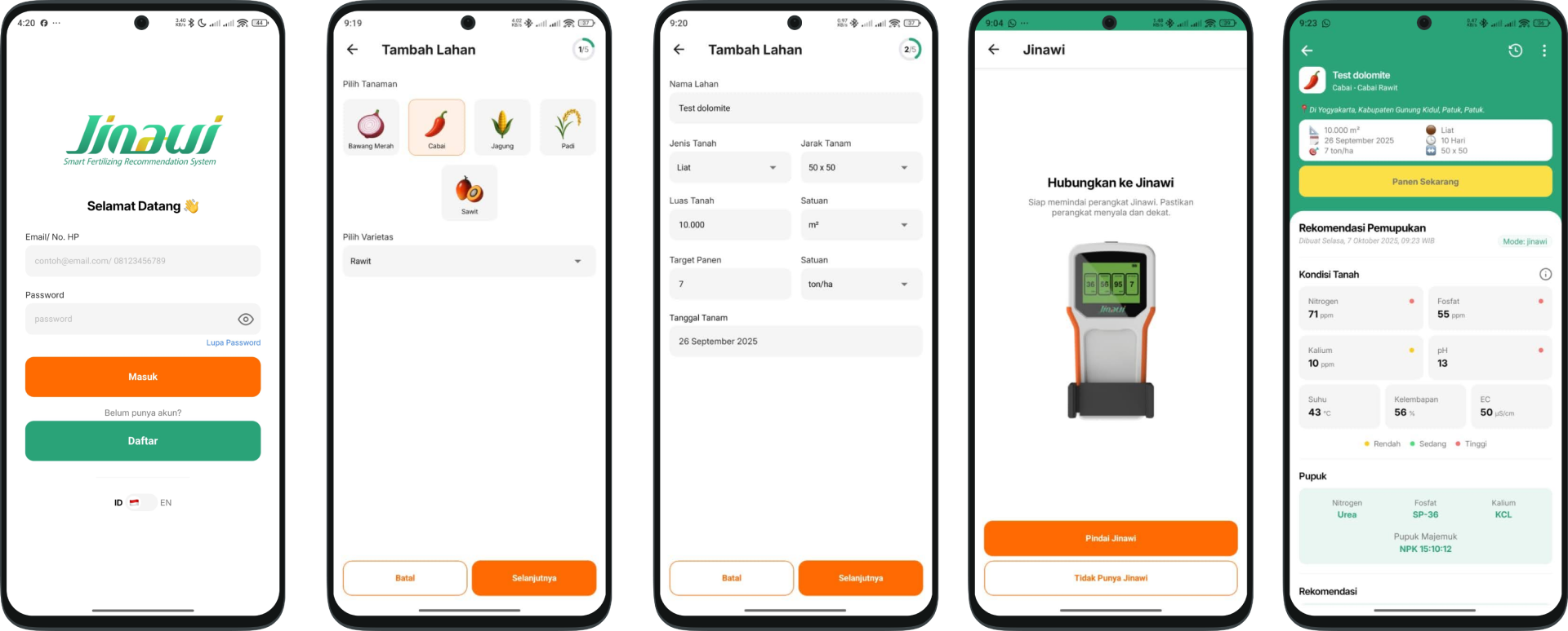 Tampilan aplikasi RiTx Jinawi MSMB untuk Android menampilkan fitur login, pemilihan tanaman, input lahan, pairing sensor, dan rekomendasi pemupukan presisi berbasis data IoT