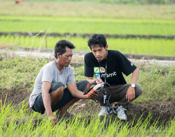 Tim MSMB mendampingi petani menggunakan aplikasi RiTx Jinawi untuk monitoring dan pengelolaan lahan padi berbasis data IoT