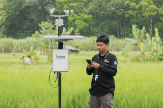 Teknisi MSMB melakukan instalasi dan monitoring stasiun cuaca Bathara untuk pengendalian hama dan pemantauan iklim di sawah padi